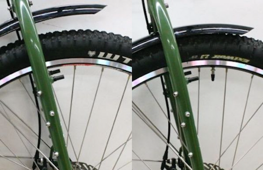 A side by side image showing the front of a bike with and without the Problem Solvers fender flute.